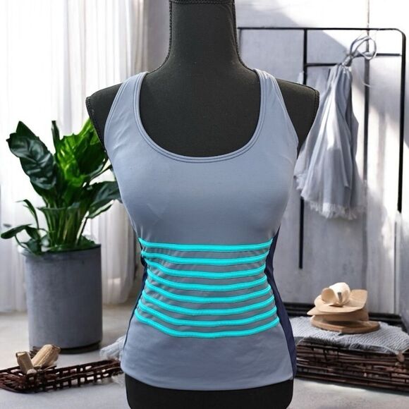 DKNY Swim Gray and Blue Striped racerback Tankini Top size small- EUC! - Picture 2 of 9